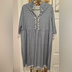 SHEIN Navy and White Geometric Midi Dress with Tassel Trim